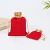 Bolsa de Terciopelo Dorada de la Suerte con Cordón y Ribete Dorado, Bolsa Grande de Terciopelo Rojo para Joyería de Jade y Joyas