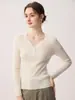 Suéter 100% cachemira pura para mujer, cuello en V, con un botón decorativo, corte ajustado, manga larga, estilo jersey, capa base de punto