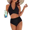 Amazon 2027 Novo Maiô Europeu e Americano com Controle de Barriga Conjunto de Biquíni de Cintura Alta Roupa de Banho Sexy com Decote Halter Em Estoque