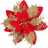 Flores de decoração de Natal, acessórios de guirlanda de flores vermelhas, decorações penduradas para festas, cipó de decoração para árvore, flores de Natal com glitter dourado