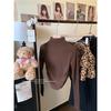 Blusa Base Feminina Slim-Fit Emagrecedora Plissada com Manga Longa Camiseta com Gola Meia-Alta de Lã Enferrujada