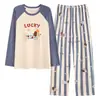 Pijama de Algodão Puro para Casal Primavera e Outono Manga Longa Cachorrinho Cartoon com Bojo Corte Solto Pode Ser Usado Fora Conjunto Homewear