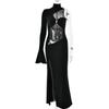 Vestido Longo Sexy Slim Europeu e Americano Transfronteiriço Feminino de Cor Sólida Meia-Gola Alta Ombro Único Flare Manga Longa Fenda Alta
