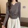 Roupa Feminina de Outono Estilo Coreano Manga Longa Decote V Cordão Emagrecedor 2026 Cor Sólida Versátil Camiseta Tamanho Plus Camada Base Top Feminino