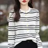Nuevo Cárdigan de Punto con Cuello Redondo de Lana Peinada para Otoño e Invierno 2025 Chaqueta Superior Holgada de Manga Larga para Mujer con Rayas de Bloques de Color