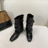Botines Cuadrados Versátiles de Cuero con Hebilla Botas de Monta para Mujer Tacón de Bloque Estilo Retro 2026 Negro Nuevo Otoño Aumento de Altura Interior