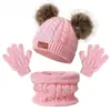 Conjunto de Tres Piezas de Sombrero, Bufanda y Guantes Cálidos de Otoño e Invierno para Niños, Venta Caliente Transfronteriza, Color Puro, Etiqueta de Hierro, Sombrero de Lana para Bebé con Doble Bola