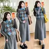 Roupa de maternidade estilo japonês vestido cinza de manga comprida com lapela feminino inverno novo padrão de diamante colete colete sobreposição terno de saia longa