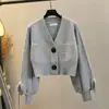 Cárdigan Corto de Punto para Mujer Diseño Otoño/Invierno Holgado Cuello en V Mangas de Linterna Suéter Abrigo con Lazo Top de Moda