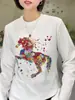 Camiseta de Manga Larga Lisa Nueva para Mujer Primavera y Otoño 2026 con Estampado de Caballo con Pedrería, Corte Ajustado, Versátil Top Base Layer Tendencia