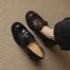 Mocassins de Salto Alto de Pele de Ovelha Camélia Silenciosa Camada Superior Outono 2025 Salto Bloco Bico Redondo Couro Genuíno Boca Profunda Sapatos Individuais para Mulheres