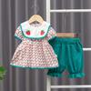 Vestido Conjunto de Manga Curta com Gola Quadrada de Morango para Meninas Calça Média Xadrez para Bebê Menina Conjunto de Peças Estilo Coreano Roupa Infantil 101.25kg