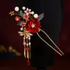 Estilo Antigo Veludo Vermelho Renda Presilha Conjunto Completo de Grampos de Cabelo Tassel de Pérola Simples e Versátil Flores Festivas Dinastia Han Adorno de Cabeça de Noiva