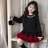 Conjunto de Suéter de Punto para Niñas para Navidad y Año Nuevo Corbata de Perlas Pompón Encaje Otoño Invierno Festival Elegante Conjunto de Dos Piezas
