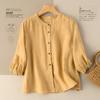 Camisa de lino de manga tres cuartos con borde cruzado Camisa holgada artística retro de algodón y lino para mujer primavera y verano nueva parte superior fina color sólido