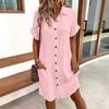 2026 Aliexpress Wish Amazon Vestido de Botão com Decote V de Algodão e Linho Vestido Camisa Feminino Vestido Estilo Férias
