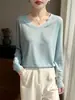 Nueva Camiseta de Manga Larga con Cuello en V para Mujer, Top Delgado, Sencillo y Versátil, Color Sólido, Holgado, Camiseta Básica de Punto Sencilla