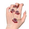 Anillo de Gema Arcoíris Ábaco de Turmalina Jedi Chapado en Oro de 18K Flor de Aciano Rojo Zafiro Collar Aretes de Zirconia