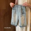Novos estilos de outono e inverno de calças de brim macias para meninas, calças compridas para meninas pequenas, calças da moda de perna larga, forradas com fleece e espessadas para aquecimento extra, estilo coreano