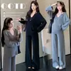 Conjunto de punto gris casual para maternidad, estilo coreano, nuevo diseño otoño/invierno 2026, conjunto de tres piezas con top de tirantes y pantalones de pierna ancha