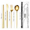 Venta caliente transfronteriza 304 acero inoxidable cuchillo, tenedor, cuchara, palillos traje de vajilla bolsa de PVC conveniente juego de cuatro piezas de vajilla portuguesa