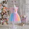Vestido de verano para niñas, de algodón, bonito unicornio, para bebé, de manga corta, con costuras de arcoíris, de malla, de princesa, falda de moda