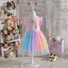 Vestido de Verano para Niña Algodón Lindo Unicornio Bebé Manga Corta Empalme Arcoíris Malla Fantasía Falda de Princesa Moderno