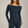 Camiseta de yoga de manga larga cruzada de un hombro para mujer, ajustada, de secado rápido, top deportivo de manga larga para entrenamiento de Pilates, fitness