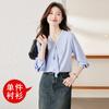 Camisa Azul de Cuello en V con Cinta de Manga Larga para Mujer Camisa 2025 Primavera y Otoño Nueva Moda Casual Slim Trendy Top