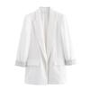 Moda Outono 2024 Nova Feminina Estilo Europeu e Americano Fivela Colorida Sete Pontos Manga Enrolada Linho Misturado Blazer