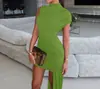 Moda feminina europeia e americana verão 2026 novo estilo: vestido justo, gola redonda, franzido, colado ao corpo, assimétrico, sem mangas para mulheres