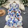 Vestido Feminino Estilo Romântico Francês com Decote V Estampado Outono 2026 Manga Longa Amarração na Cintura Acinturado Emagrecedor Babado Saia Evasê