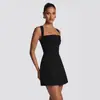 Verano Nuevo Estilo Europeo y Americano Transfronterizo Espalda Descubierta Color Sólido Ceñidor de Cintura Adelgazante Cuadrado Sin Mangas Vestido Corto Retazos Ropa de Mujer Venta al por Mayor
