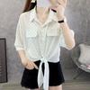 Camisa de gasa de manga corta con cordones y lunares ondulados de talla grande, novedad de verano 2024, prenda fina con protección solar y falda chal, top holgado para mujer