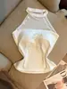 Estilo europeo y americano, hueco, top sexy para mujer, chica caliente de verano, top halter ajustado, patchwork de malla, prenda exterior de moda