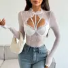 Body de Encaje Transparente con Ribete de Moda Picante para Mujer, Manga Larga, Cuello en V Profundo, para Usar en Capas o Como Prenda Exterior 1324