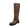 Botas altas de cuero para mujer, botas de invierno de cuero genuino con punta redonda y tacón medio, botas por encima de la rodilla, botas de pierna recta para mujer