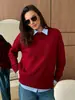 Suéter Pulóver de Cuello Redondo Transfronterizo Estilo Europeo y Americano Otoño e Invierno 2025 Suéter de Punto de Color Sólido con Abertura Versátil Cálido Casual para Mujer