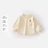 Camada base infantil forrada de fleece, camiseta de manga longa para meninas, coleção outono/inverno, design de bolso macio, detalhes bordados, camada interna quente para meninos