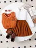 Comercio Exterior Transfronterizo Europeo y Americano Otoño Nuevo Conjunto de Tres Piezas con Camisa Blanca de Manga Larga Más Chaleco Marrón y Falda Plisada