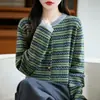 2025 Novo Outono e Inverno Veludo de Guaxinim Retrô Gola Redonda Cardigan de Tricô Manga Longa Jacquard Contrastante Solto Top Jaqueta
