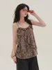 Camisola de babados com estampa de leopardo estilo americano de comprimento médio para mulheres, top babydoll casual de verão sem mangas e folgado