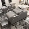Cama de champú semi-reclinable de acero inoxidable para salones de peluquería, popular en círculos en línea, con lavabo cerámico profundo
