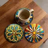 Conjunto de Porta-Copos de Madeira Xadrez com Vidro Pintado Transfronteiriço com Padrão Mandala, Porta-Copos Artísticos de Mesa Estilo Europeu