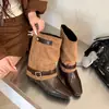 Botas para Calça de Perna Larga Estilo Retrô Coreano Bico Quadrado Fivela de Couro Femininas 2026 Outono/Inverno Novo Estilo Salto Bloco Versátil Botas de Equitação de Perna Larga