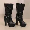 Botas Retro New Roman Comércio Exterior Manga Tamanho Grande Fivela de Cinto Botas de Salto Alto 4 Tabela de Água Grossa Mulheres Brancas