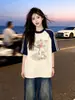 Camiseta de Manga Corta Estampado de Jarrón Retro Estilo Japonés Cityboy con Tres Rayas para Mujer Estilo Americano Algodón Puro Tops de Pareja de Alta Gama