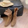Botas Western Cowboy de Bico Fino para Mulheres Outono 2025 Botas Retrô de Cano Médio com Salto Grosso, Botas Ajustadas Franzidas Atacado