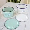 Taza Retro de Esmalte Pájaro Azul para Fideos Instantáneos Lonchera Japonesa para Fideos Instantáneos Taza Doméstica para Fideos Instantáneos con Tapa