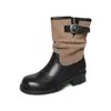Botas de Cavaleiro de Couro Color Block Femininas Botas de Motocicleta Novo Outono/Inverno Bico Redondo Botas de Cano Médio com Aspecto Envelhecido Polido para Mulheres